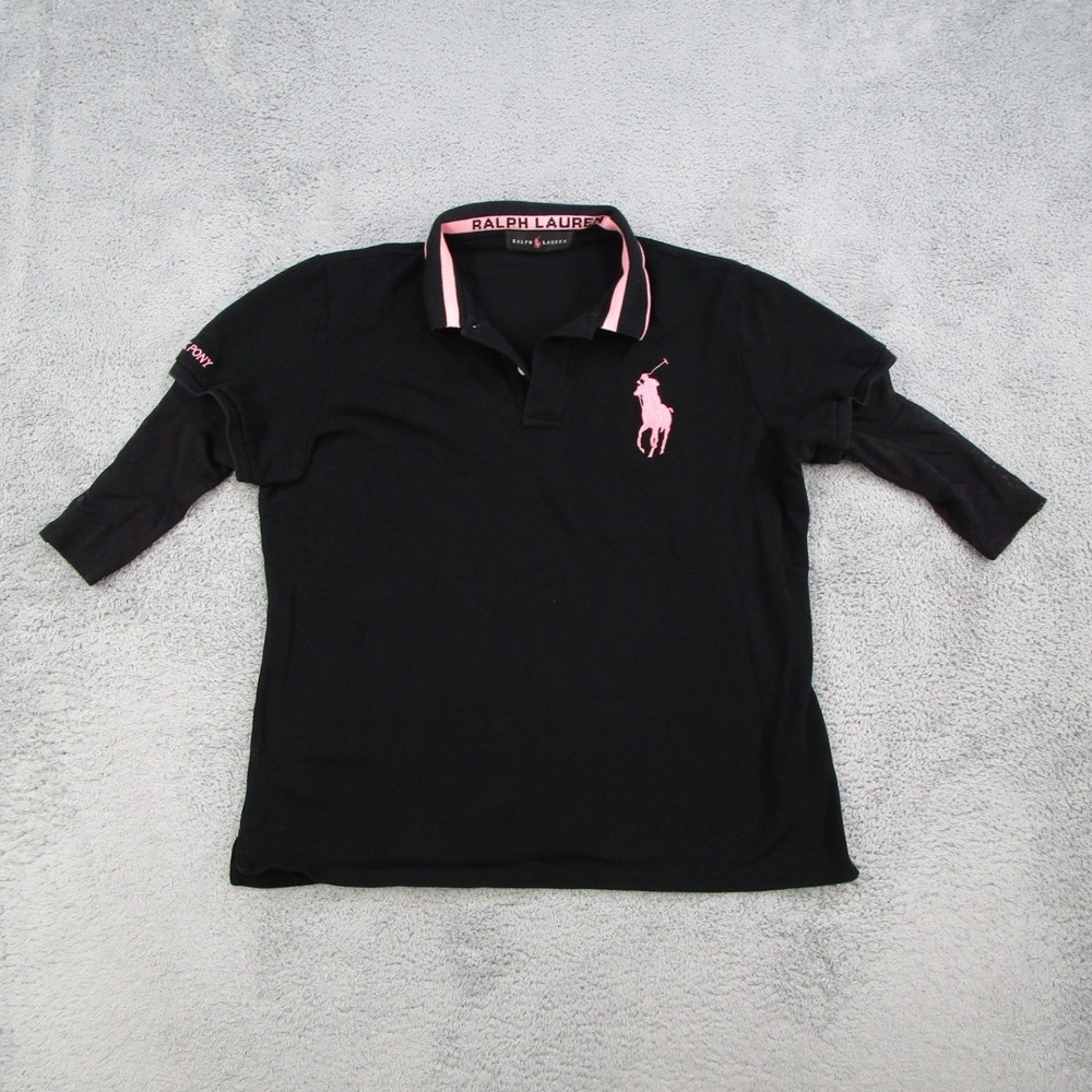 Ralph Lauren Pink Pony Black Polo Shirt Big Pony Mesh Layered Sleeve Womens L